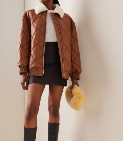 Womens Brown Puffer Leather Bomber Jacket in Genuine Fur Collar with Stylish Quilted