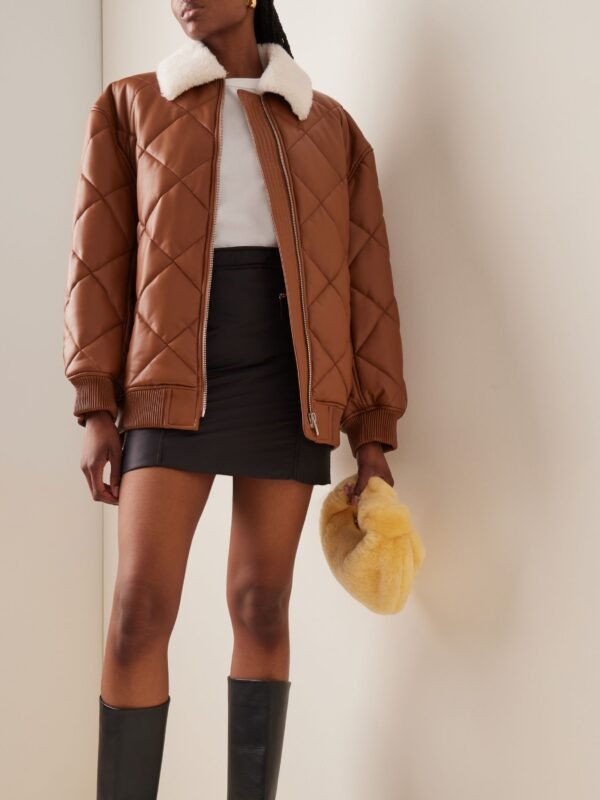 Womens Brown Puffer Leather Bomber Jacket in Genuine Fur Collar with Stylish Quilted