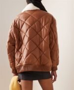 Womens Brown Puffer Leather Bomber Jacket in Genuine Fur Collar with Stylish Quilted
