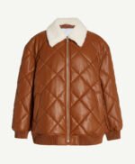Womens Brown Puffer Leather Bomber Jacket in Genuine Fur Collar with Stylish Quilted