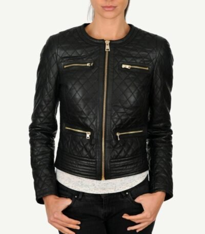 Womens Collarless Black Quilted Jacket