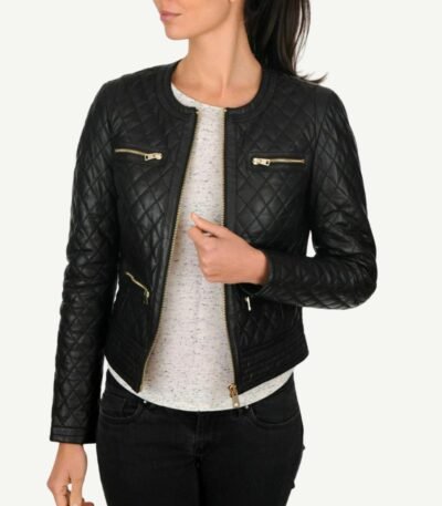 Womens Collarless Black Quilted Jacket