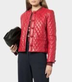 Womens Collarless Quilted Red Leather Jacket