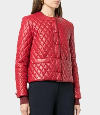 Womens Collarless Quilted Red Leather Jacket