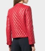 Womens Collarless Quilted Red Leather Jacket