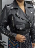 Womens Crop Leather Jacket Black Cropped Motorcycle Bolero Shrug Leather Jacket
