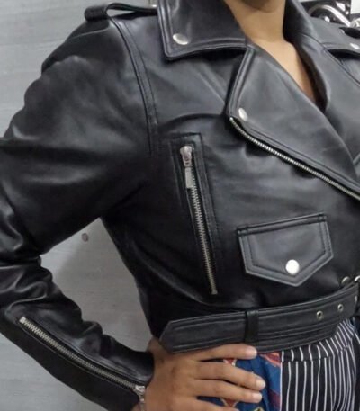 Womens Crop Leather Jacket Black Cropped Motorcycle Bolero Shrug Leather Jacket