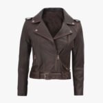 Women's Dark Brown Distressed Cropped Leather Biker Jacket