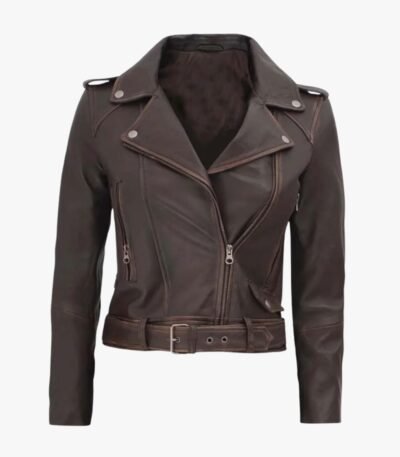 Women's Dark Brown Distressed Cropped Leather Biker Jacket