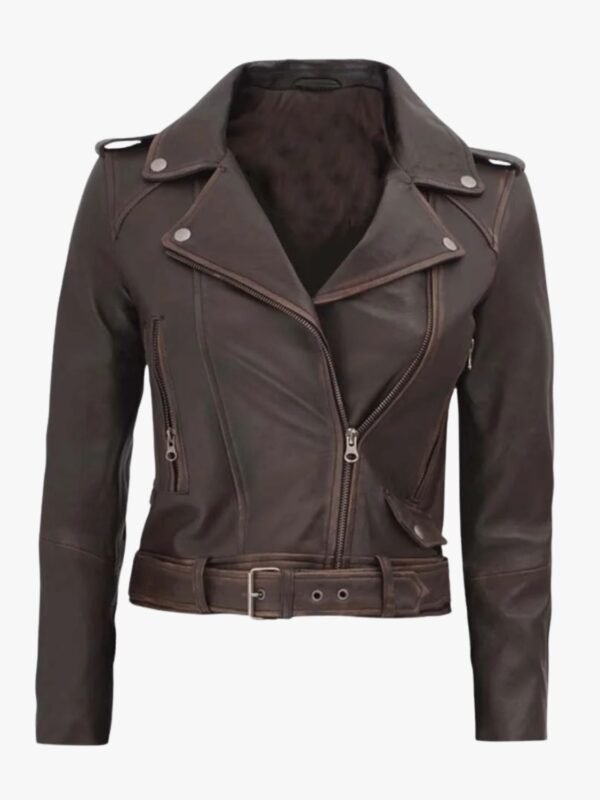 Women's Dark Brown Distressed Cropped Leather Biker Jacket