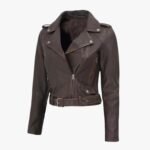 Women's Dark Brown Distressed Cropped Leather Biker Jacket