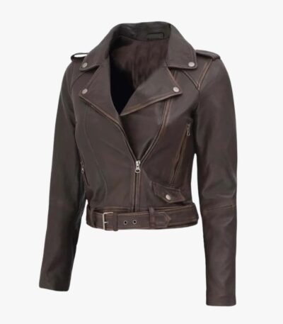 Women's Dark Brown Distressed Cropped Leather Biker Jacket