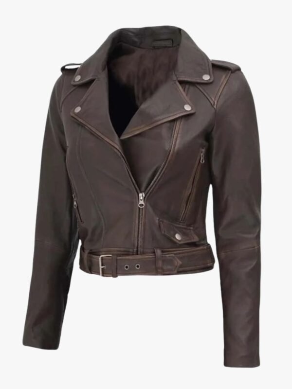 Women's Dark Brown Distressed Cropped Leather Biker Jacket