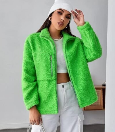 Women's Fashion Jacket Drop Shoulder Zipper Teddy Jacket