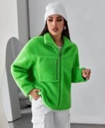 Women's Fashion Jacket Drop Shoulder Zipper Teddy Jacket