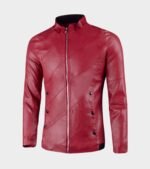 Womens Flap Button Embellished Stand Collar Leather Jacket