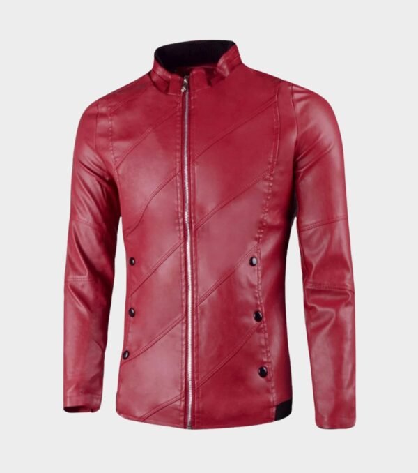 Womens Flap Button Embellished Stand Collar Leather Jacket