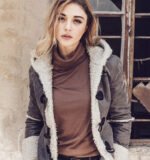 Womens Hooded Faux Fur Shearling Genuine Leather Jacket