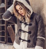 Womens Hooded Faux Fur Shearling Genuine Leather Jacket