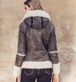 Womens Hooded Faux Fur Shearling Genuine Leather Jacket