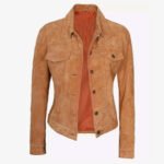 Womens Light Brown Suede Leather Trucker Jacket