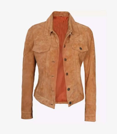 Womens Light Brown Suede Leather Trucker Jacket