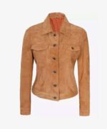 Womens Light Brown Suede Leather Trucker Jacket