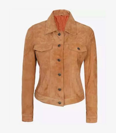 Womens Light Brown Suede Leather Trucker Jacket