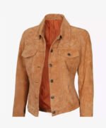 Womens Light Brown Suede Leather Trucker Jacket