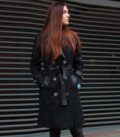Women's Long Leather and Wool Coat