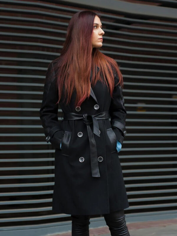 Women's Long Leather and Wool Coat