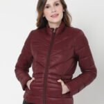 Womens Maroon Puffer Leather Jacket