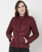 Womens Maroon Puffer Leather Jacket