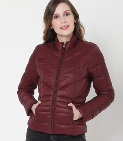 Womens Maroon Puffer Leather Jacket