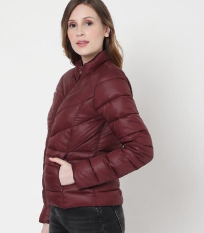 Womens Maroon Puffer Leather Jacket