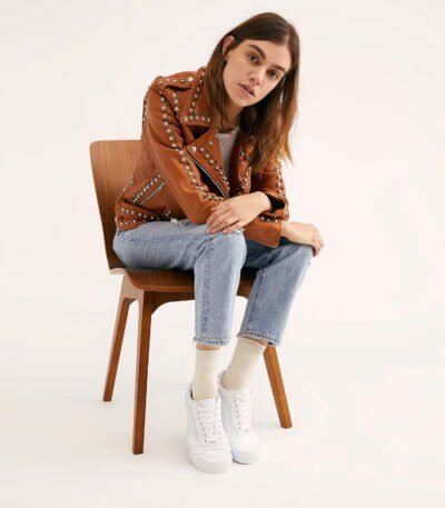 Womens Moto Biker Brown Studded Leather Jacket