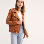 Womens Moto Biker Brown Studded Leather Jacket