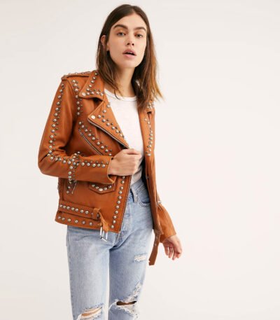 Womens Moto Biker Brown Studded Leather Jacket