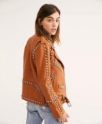Womens Moto Biker Brown Studded Leather Jacket