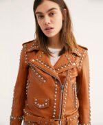 Womens Moto Biker Brown Studded Leather Jacket