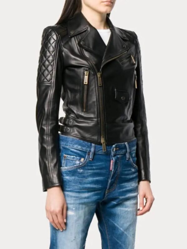 Womens Quilted Black Leather Moto Biker Jacket