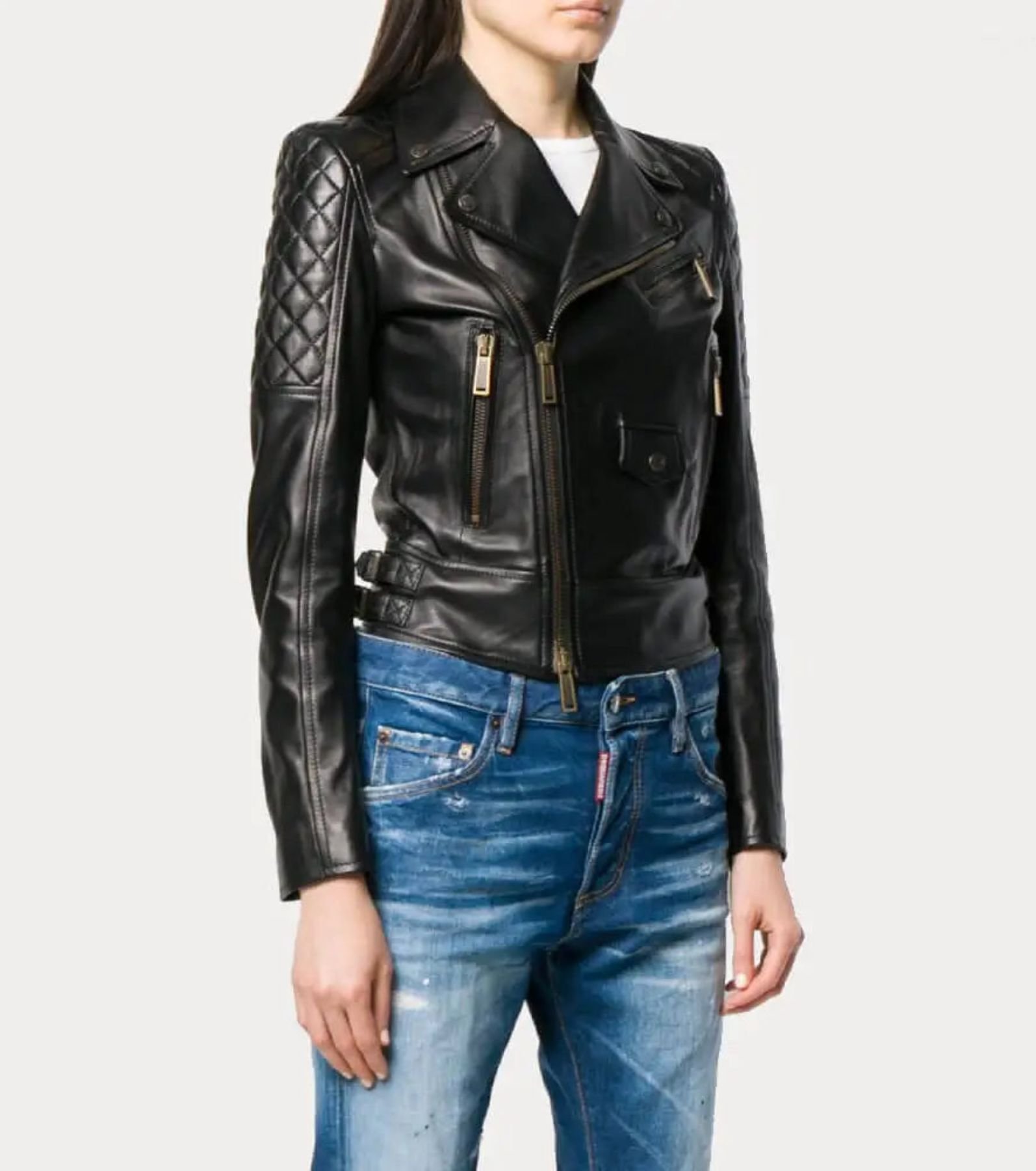 Womens Quilted Black Leather Moto Biker Jacket Womens Quilted Black Leather Moto Biker Jacket