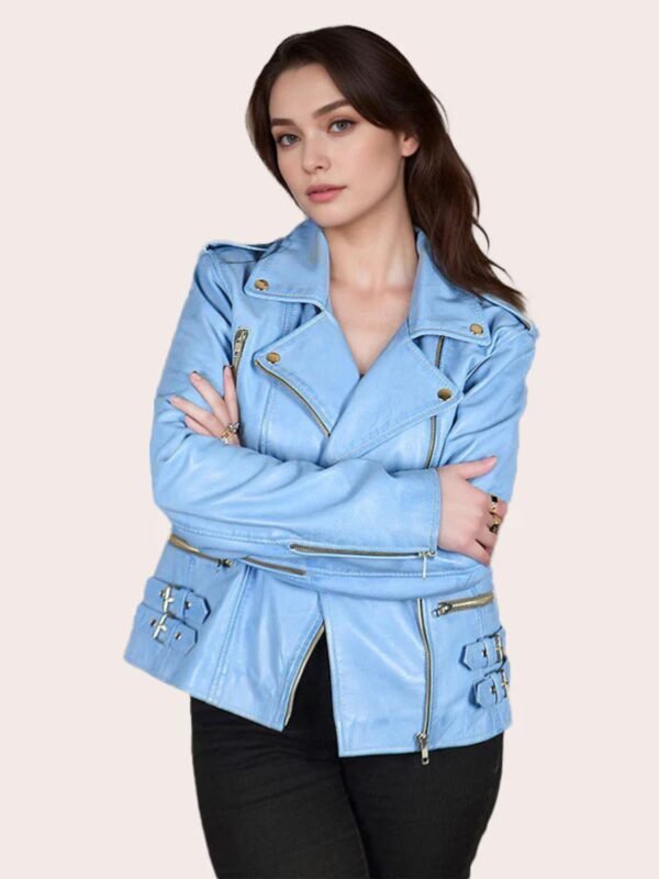 Women's Real Leather Cross Zip Multi Zip Biker Jacket