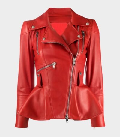 Womens Red Flared Style Leather Fashion Jacket