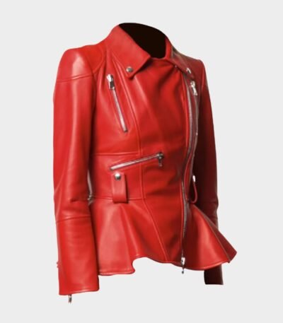 Womens Red Flared Style Leather Fashion Jacket