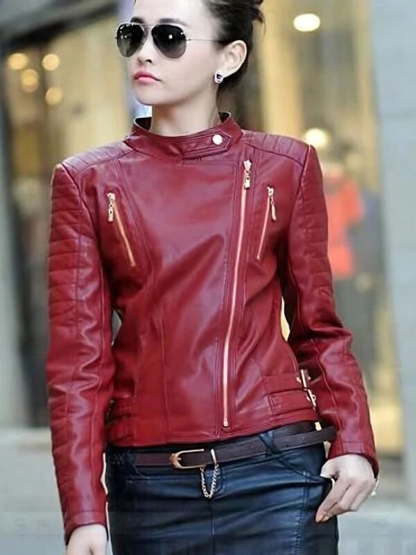 Women's Red Leather Biker Jacket