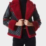 Womens Red Shearling Black Leather Quilted Jacket