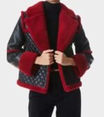 Womens Red Shearling Black Leather Quilted Jacket