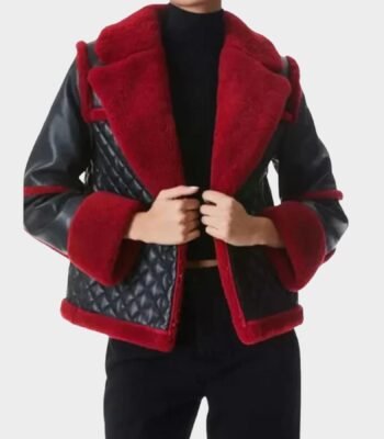 Womens Red Shearling Black Leather Quilted Jacket