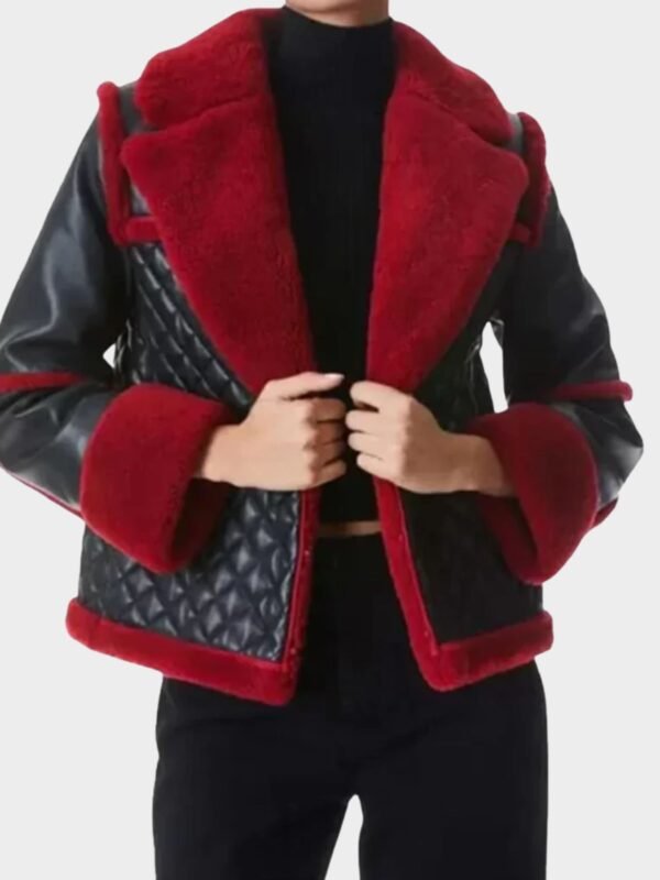 Womens Red Shearling Black Leather Quilted Jacket
